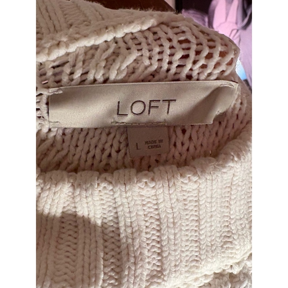 LOFT‎ Sweater Womens L Cream Cable Knit Popcorn Stitch Mock Neck Pullover Cozy - Picture 4 of 12